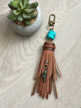 Load image into Gallery viewer, Handmade Brown and Turquoise Leather Clip Tassel Keychain