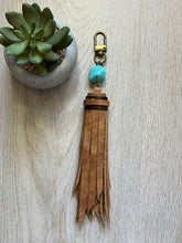 Load image into Gallery viewer, Handmade Saddle Brown and Turquoise Leather Clip Tassel Keychain