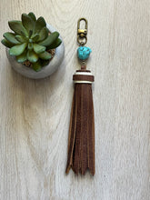 Load image into Gallery viewer, Handmade Brown and Turquoise Leather Clip Tassel Keychain