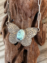 Load image into Gallery viewer, Hand Stamped Sterling Silver Prince Variscite Turquoise Butterfly Necklace
