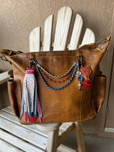 Load image into Gallery viewer, Handmade Red, Blue and Floral Leather Clip Tassel Keychain