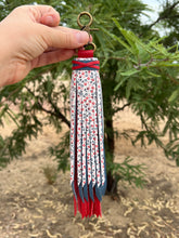 Load image into Gallery viewer, Handmade Red, Blue and Floral Leather Clip Tassel Keychain