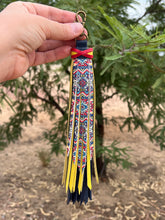 Load image into Gallery viewer, Handmade Blue, Yellow and Aztec Leather Clip Tassel Keychain
