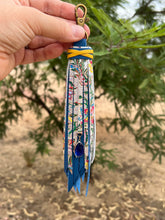 Load image into Gallery viewer, Handmade Blue and Metallic Floral Leather Clip Tassel Keychain