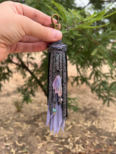 Load image into Gallery viewer, Handmade Lilac and Black Shimmer Leather Clip Tassel Keychain