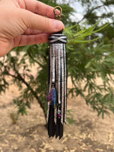 Load image into Gallery viewer, Handmade Black and Silver Shimmer Leather Clip Tassel Keychain