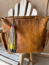 Load image into Gallery viewer, Handmade Blue, Yellow and Aztec Leather Clip Tassel Keychain