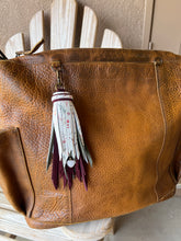 Load image into Gallery viewer, Handmade Burgundy Suede, Moss Suede and Floral Leather Clip Tassel Keychain