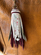 Load image into Gallery viewer, Handmade Burgundy Suede, Moss Suede and Floral Leather Clip Tassel Keychain