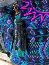 Load image into Gallery viewer, Handmade Teal and Black Sparkle Leather Clip Tassel Keychain