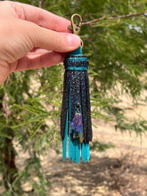 Load image into Gallery viewer, Handmade Teal and Black Sparkle Leather Clip Tassel Keychain