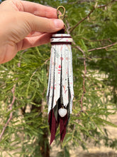 Load image into Gallery viewer, Handmade Burgundy Suede, Moss Suede and Floral Leather Clip Tassel Keychain