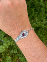 Load image into Gallery viewer, Handmade Vintage Up-Cycled Sterling Silver 1890s Spoon Bracelet with Ruby