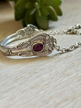 Load image into Gallery viewer, Handmade Vintage Up-Cycled Sterling Silver 1890s Spoon Bracelet with Ruby