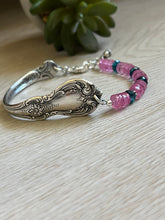Load image into Gallery viewer, Handmade Vintage Up-Cycled Sterling Silver Spoon Bracelet with Blue Apatite and Pink Topaz