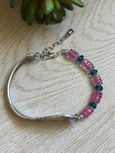 Load image into Gallery viewer, Handmade Vintage Up-Cycled Sterling Silver Spoon Bracelet with Blue Apatite and Pink Topaz