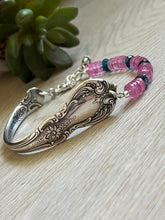 Load image into Gallery viewer, Handmade Vintage Up-Cycled Sterling Silver Spoon Bracelet with Blue Apatite and Pink Topaz