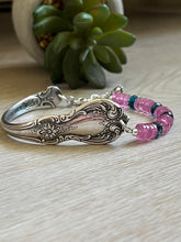 Load image into Gallery viewer, Handmade Vintage Up-Cycled Sterling Silver Spoon Bracelet with Blue Apatite and Pink Topaz