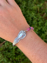 Load image into Gallery viewer, Handmade Vintage Up-Cycled Sterling Silver Spoon Bracelet with Blue Apatite and Pink Topaz
