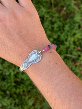 Load image into Gallery viewer, Handmade Vintage Up-Cycled Sterling Silver Spoon Bracelet with Blue Apatite and Pink Topaz