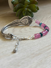Load image into Gallery viewer, Handmade Vintage Up-Cycled Sterling Silver Spoon Bracelet with Blue Apatite and Pink Topaz