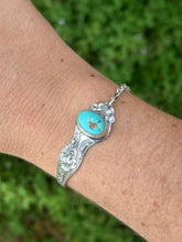 Load image into Gallery viewer, Handmade Vintage Up-Cycled Sterling Silver Spoon Bracelet with Carico Lake Turquoise