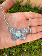 Load image into Gallery viewer, Hand Stamped Sterling Silver Prince Variscite Turquoise Butterfly Necklace