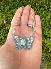 Load image into Gallery viewer, Hand Stamped Sterling Silver Prince Variscite Turquoise Butterfly Necklace