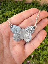 Load image into Gallery viewer, Hand Stamped Sterling Silver Prince Variscite Turquoise Butterfly Necklace