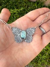 Load image into Gallery viewer, Hand Stamped Sterling Silver Prince Variscite Turquoise Butterfly Necklace