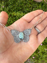 Load image into Gallery viewer, Hand Stamped Sterling Silver Prince Variscite Turquoise Butterfly Necklace