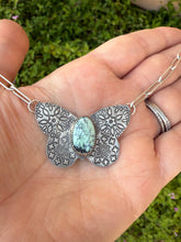 Load image into Gallery viewer, Hand Stamped Sterling Silver Prince Variscite Turquoise Butterfly Necklace
