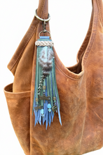 Load image into Gallery viewer, Handmade Dragonfly Leather Tassel Bag Charm | Genuine Gemstones & Feathers
