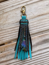 Load image into Gallery viewer, Handmade Teal and Black Sparkle Leather Clip Tassel Keychain