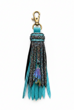 Load image into Gallery viewer, Handmade Teal and Black Sparkle Leather Clip Tassel Keychain