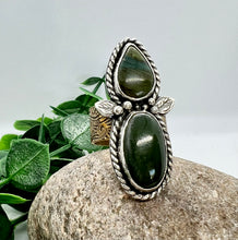 Load image into Gallery viewer, Handmade Sterling Silver Jade, Gary Green Larsonite and Brass Ring - Size 9.25