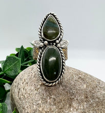 Load image into Gallery viewer, Handmade Sterling Silver Jade, Gary Green Larsonite and Brass Ring - Size 9.25