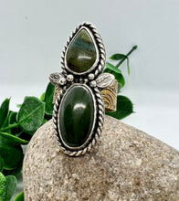 Load image into Gallery viewer, Handmade Sterling Silver Jade, Gary Green Larsonite and Brass Ring - Size 9.25