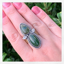 Load image into Gallery viewer, Handmade Sterling Silver Jade, Gary Green Larsonite and Brass Ring - Size 9.25