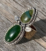 Load image into Gallery viewer, Handmade Sterling Silver Jade, Gary Green Larsonite and Brass Ring - Size 9.25
