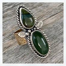 Load image into Gallery viewer, Handmade Sterling Silver Jade, Gary Green Larsonite and Brass Ring - Size 9.25