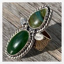 Load image into Gallery viewer, Handmade Sterling Silver Jade, Gary Green Larsonite and Brass Ring - Size 9.25