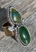 Load image into Gallery viewer, Handmade Sterling Silver Jade, Gary Green Larsonite and Brass Ring - Size 9.25