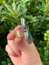 Load image into Gallery viewer, Handmade Sterling Silver Jade, Gary Green Larsonite and Brass Ring - Size 9.25