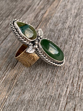 Load image into Gallery viewer, Handmade Sterling Silver Jade, Gary Green Larsonite and Brass Ring - Size 9.25