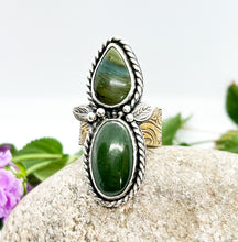 Load image into Gallery viewer, Handmade Sterling Silver Jade, Gary Green Larsonite and Brass Ring - Size 9.25