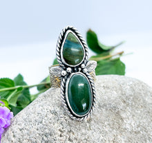 Load image into Gallery viewer, Handmade Sterling Silver Jade, Gary Green Larsonite and Brass Ring - Size 9.25