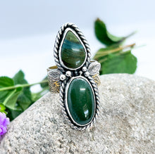 Load image into Gallery viewer, Handmade Sterling Silver Jade, Gary Green Larsonite and Brass Ring - Size 9.25