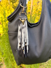 Load image into Gallery viewer, Handmade Natural Black and White Hair on Hide Leather Clip Tassel
