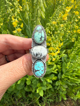 Load image into Gallery viewer, Blue Moon Turquoise, White Buffalo, Golden Hills Lavender Turquoise 3 Stone Ring - Size 9
